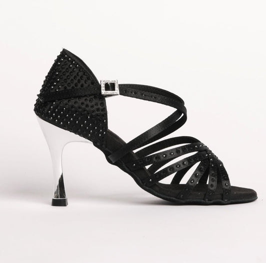 Ladies, 5 Strap, Fixed, Woven Vamp, 3.3 Inch, 2 Way Ankle Strap, High Performance Dance Shoe, In Black Satin With Black Diamonte - (S23BC) - Rockabilly Australia Pty Ltd