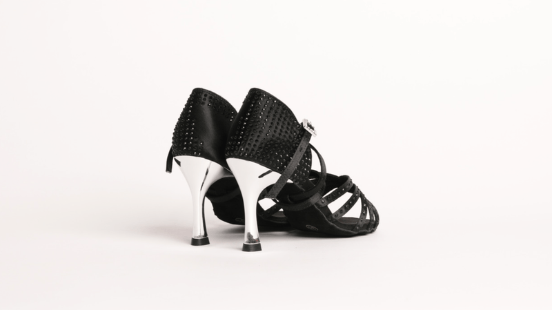 Ladies, 5 Strap, Fixed, Woven Vamp, 3.3 Inch, 2 Way Ankle Strap, High Performance Dance Shoe, In Black Satin With Black Diamonte - (S23BC) - Rockabilly Australia Pty Ltd