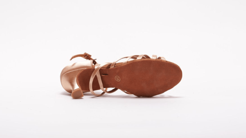 Ladies, 5 Strap Knotted Vamp, 2.25 Inch Flared Heel, High Performance Latin Shoe. (Available in Nude, Taupe and Tan Satin) - (S27B1) - Rockabilly Australia Pty Ltd