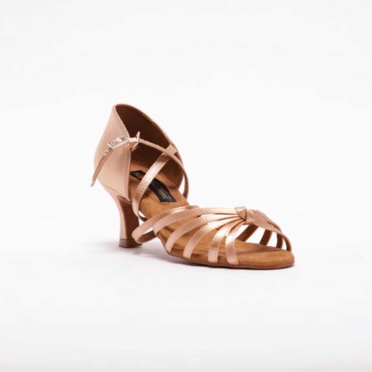 Ladies, 5 Strap Knotted Vamp, 2.25 Inch Flared Heel, High Performance Latin Shoe. (Available in Nude, Taupe and Tan Satin) - (S27B1) - Rockabilly Australia Pty Ltd