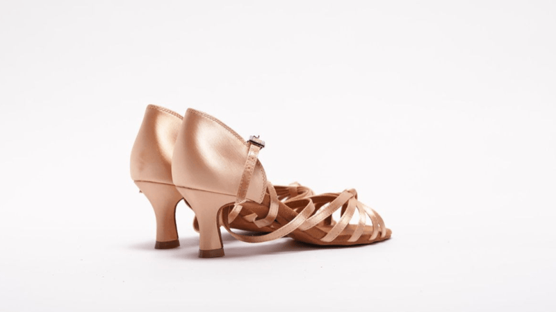 Ladies, 5 Strap Knotted Vamp, 2.25 Inch Flared Heel, High Performance Latin Shoe. (Available in Nude, Taupe and Tan Satin) - (S27B1) - Rockabilly Australia Pty Ltd