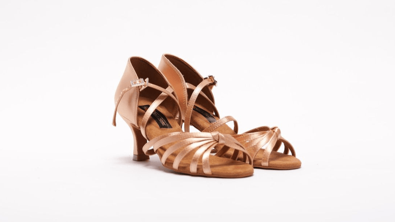 Ladies, 5 Strap Knotted Vamp, 2.25 Inch Flared Heel, High Performance Latin Shoe. (Available in Nude, Taupe and Tan Satin) - (S27B1) - Rockabilly Australia Pty Ltd