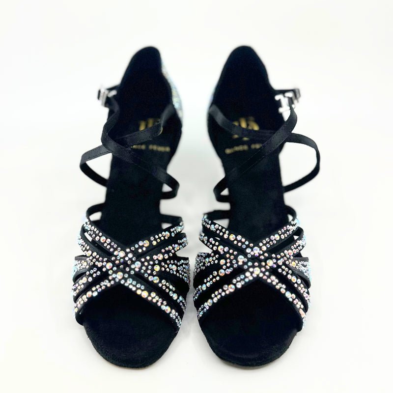 Ladies, 5 Strap Vamp, 2.25 Inch Flared, 2 Way Adjustable Strap, Dark Tan or Black Satin with AB Rhinestones, Dance Sandal - (20L202) - Rockabilly Australia Pty Ltd