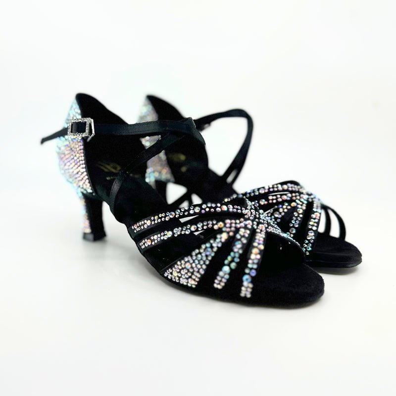 Ladies, 5 Strap Vamp, 2.25 Inch Flared, 2 Way Adjustable Strap, Dark Tan or Black Satin with AB Rhinestones, Dance Sandal - (20L202) - Rockabilly Australia Pty Ltd