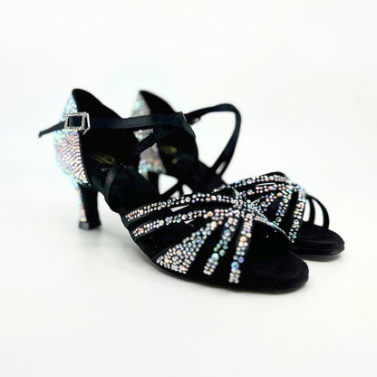 Ladies, 5 Strap Vamp, 2.25 Inch Flared, 2 Way Adjustable Strap, Dark Tan or Black Satin with AB Rhinestones, Dance Sandal - (20L202) - Rockabilly Australia Pty Ltd