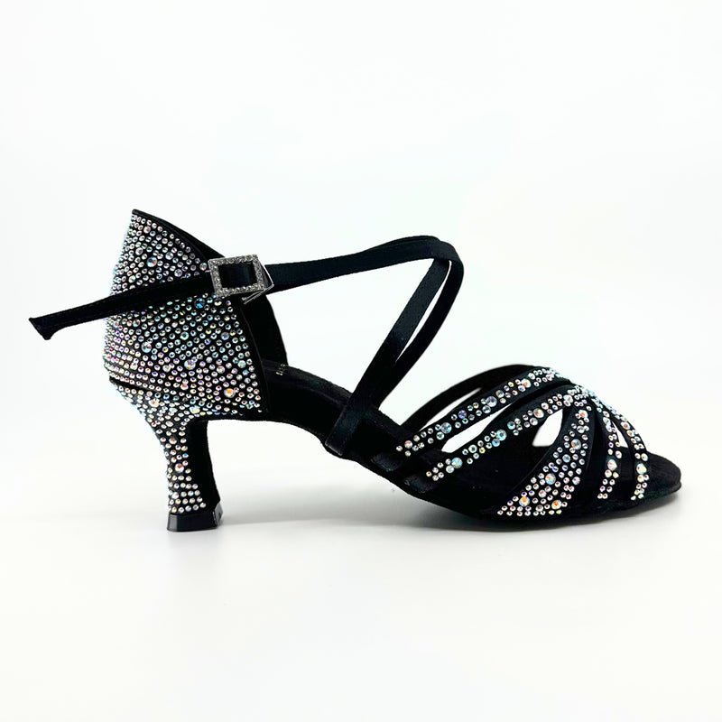 Ladies, 5 Strap Vamp, 2.25 Inch Flared, 2 Way Adjustable Strap, Dark Tan or Black Satin with AB Rhinestones, Dance Sandal - (20L202) - Rockabilly Australia Pty Ltd