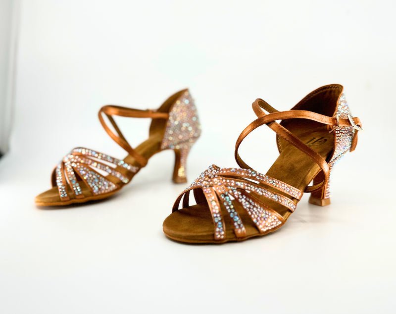 Ladies, 5 Strap Vamp, 2.25 Inch Flared, 2 Way Adjustable Strap, Dark Tan or Black Satin with AB Rhinestones, Dance Sandal - (20L202) - Rockabilly Australia Pty Ltd