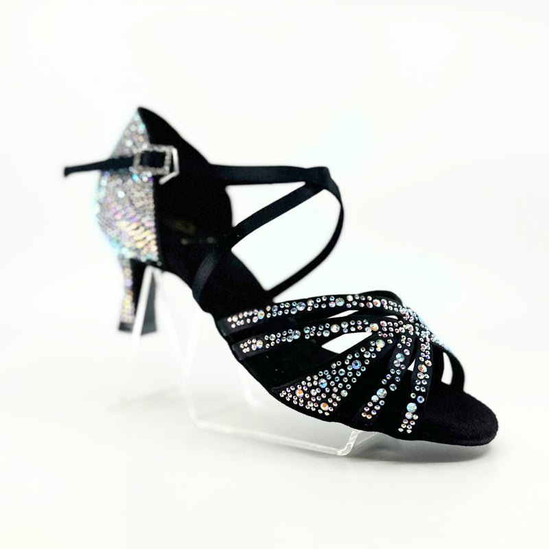 Ladies, 5 Strap Vamp, 2.25 Inch Flared, 2 Way Adjustable Strap, Dark Tan or Black Satin with AB Rhinestones, Dance Sandal - (20L202) - Rockabilly Australia Pty Ltd