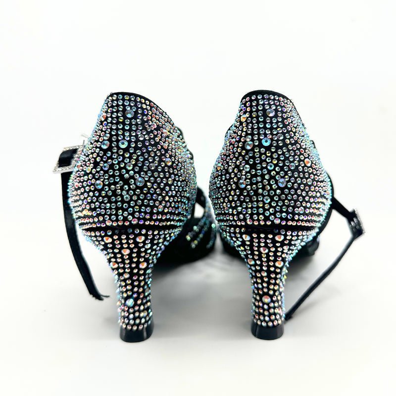 Ladies, 5 Strap Vamp, 2.25 Inch Flared, 2 Way Adjustable Strap, Dark Tan or Black Satin with AB Rhinestones, Dance Sandal - (20L202) - Rockabilly Australia Pty Ltd