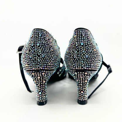 Ladies, 5 Strap Vamp, 2.25 Inch Flared, 2 Way Adjustable Strap, Dark Tan or Black Satin with AB Rhinestones, Dance Sandal - (20L202) - Rockabilly Australia Pty Ltd