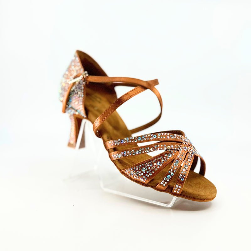Ladies, 5 Strap Vamp, 2.25 Inch Flared, 2 Way Adjustable Strap, Dark Tan or Black Satin with AB Rhinestones, Dance Sandal - (20L202) - Rockabilly Australia Pty Ltd