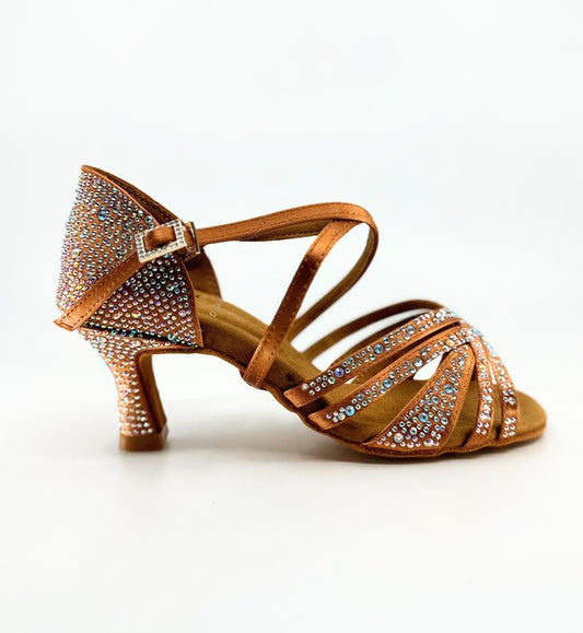 Ladies, 5 Strap Vamp, 2.25 Inch Flared, 2 Way Adjustable Strap, Dark Tan or Black Satin with AB Rhinestones, Dance Sandal - (20L202) - Rockabilly Australia Pty Ltd