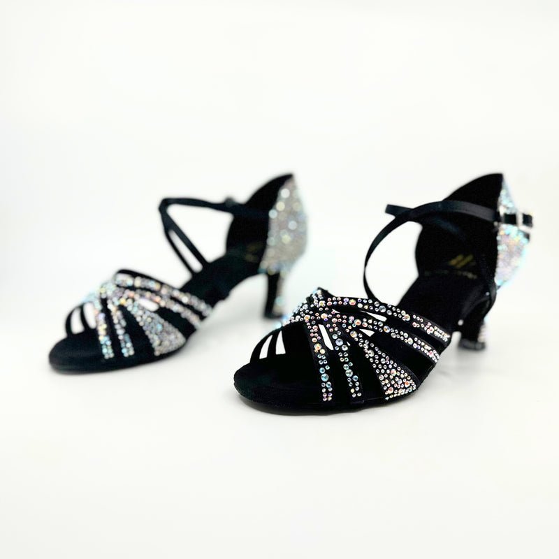 Ladies, 5 Strap Vamp, 2.25 Inch Flared, 2 Way Adjustable Strap, Dark Tan or Black Satin with AB Rhinestones, Dance Sandal - (20L202) - Rockabilly Australia Pty Ltd