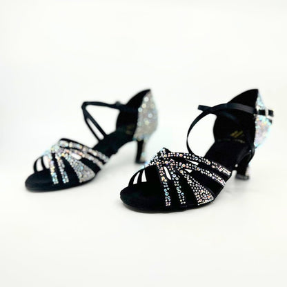 Ladies, 5 Strap Vamp, 2.25 Inch Flared, 2 Way Adjustable Strap, Dark Tan or Black Satin with AB Rhinestones, Dance Sandal - (20L202) - Rockabilly Australia Pty Ltd