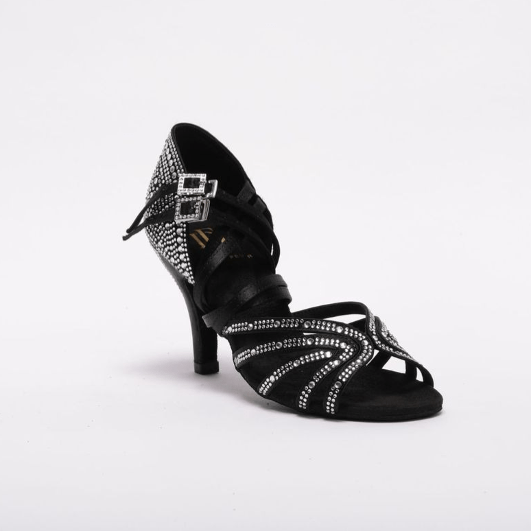 Ladies, 5 Strap Vamp, Unique, 2 Way, Adjustable, Double Strap System, 3 Inch Stilleto Heel, highly decorated in Silver Rhinestones, Latin Dance Shoe - (ZURI) - Rockabilly Australia Pty Ltd
