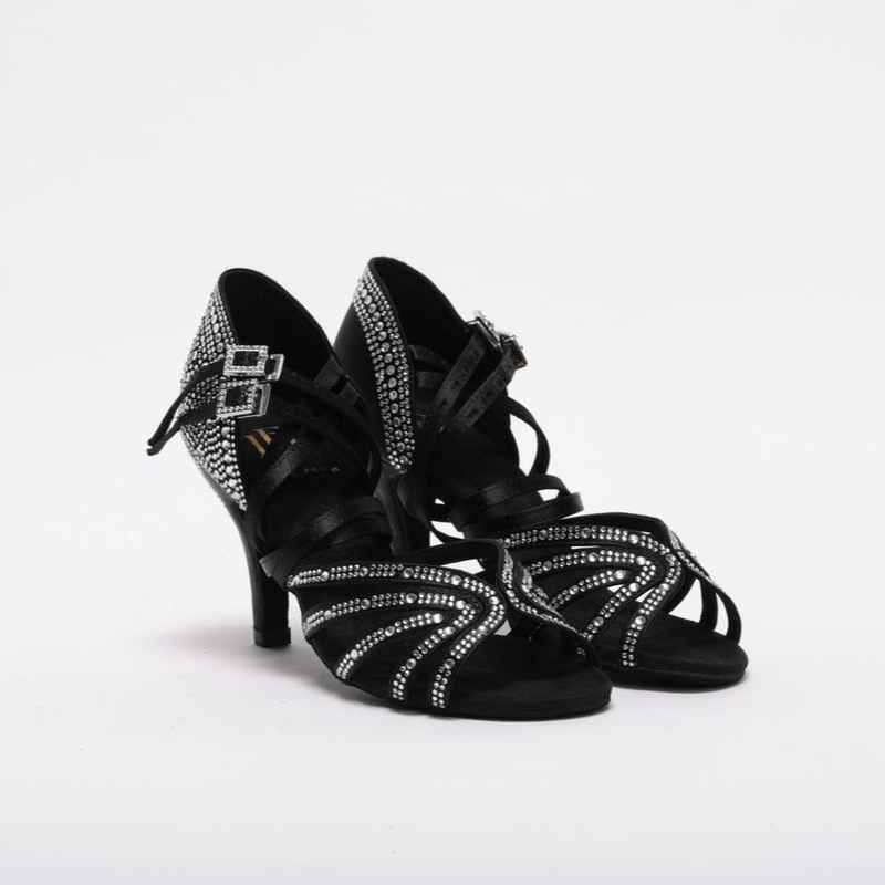Ladies, 5 Strap Vamp, Unique, 2 Way, Adjustable, Double Strap System, 3 Inch Stilleto Heel, highly decorated in Silver Rhinestones, Latin Dance Shoe - (ZURI) - Rockabilly Australia Pty Ltd
