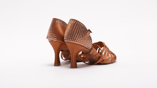 Ladies, 6 Strap Platted Vamp, 2.5 Inch, 2 Way Ankle Strap, High Performance Latin, Open Toe Dance Shoe with Silver Rhinestones - (S7181) - Rockabilly Australia Pty Ltd