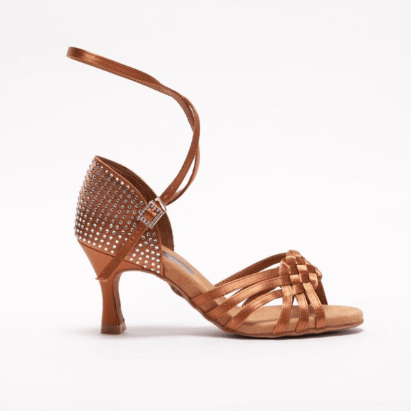 Ladies, 6 Strap Platted Vamp, 2.5 Inch, 2 Way Ankle Strap, High Performance Latin, Open Toe Dance Shoe with Silver Rhinestones - (S7181) - Rockabilly Australia Pty Ltd
