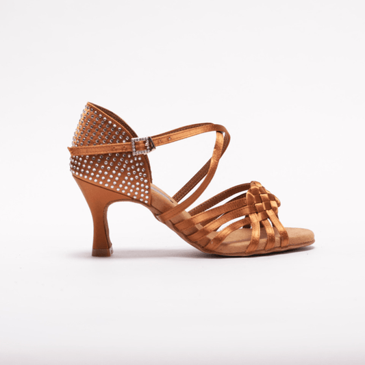 Ladies, 6 Strap Platted Vamp, 2.5 Inch, 2 Way Ankle Strap, High Performance Latin, Open Toe Dance Shoe with Silver Rhinestones - (S7181) - Rockabilly Australia Pty Ltd