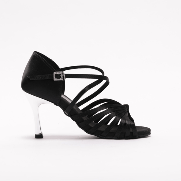 Ladies, 7 Strap, Fixed Knotted Vamp, 3.3 Inch, High Performance Dance Shoe with Metallic heel. (Available in Black and Tan Satin) - (S121B) - Rockabilly Australia Pty Ltd