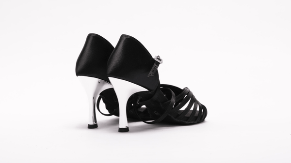Ladies, 7 Strap, Fixed Knotted Vamp, 3.3 Inch, High Performance Dance Shoe with Metallic heel. (Available in Black and Tan Satin) - (S121B) - Rockabilly Australia Pty Ltd