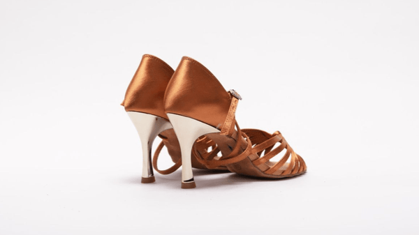 Ladies, 7 Strap, Fixed Knotted Vamp, 3.3 Inch, High Performance Dance Shoe with Metallic Heel. (Available in Black and Tan Satin) - (S121T) - Rockabilly Australia Pty Ltd