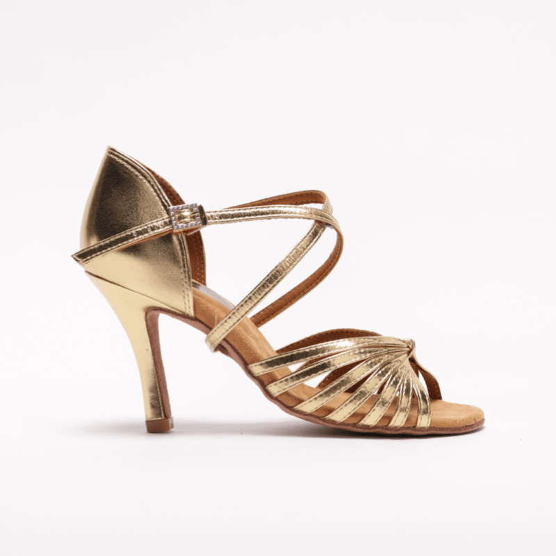 Ladies, 7 Strap, Fixed Knotted Vamp, 3.5 Inch Stiletto, In Metallic Gold Leather - (S121G) - Rockabilly Australia Pty Ltd