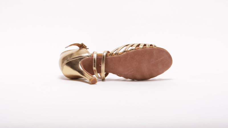 Ladies, 7 Strap, Fixed Knotted Vamp, 3.5 Inch Stiletto, In Metallic Gold Leather - (S121G) - Rockabilly Australia Pty Ltd