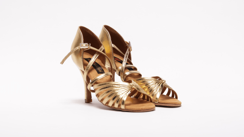 Ladies, 7 Strap, Fixed Knotted Vamp, 3.5 Inch Stiletto, In Metallic Gold Leather - (S121G) - Rockabilly Australia Pty Ltd