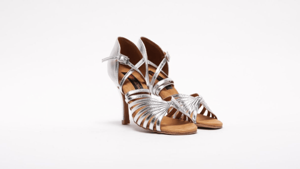 Ladies, 7 Strap, Fixed Knotted Vamp, 3.5 Inch Stiletto, In Metallic Silver Leather - (S121S) - Rockabilly Australia Pty Ltd