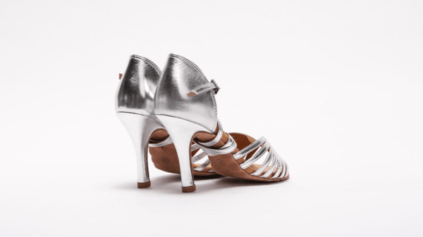 Ladies, 7 Strap, Fixed Knotted Vamp, 3.5 Inch Stiletto, In Metallic Silver Leather - (S121S) - Rockabilly Australia Pty Ltd