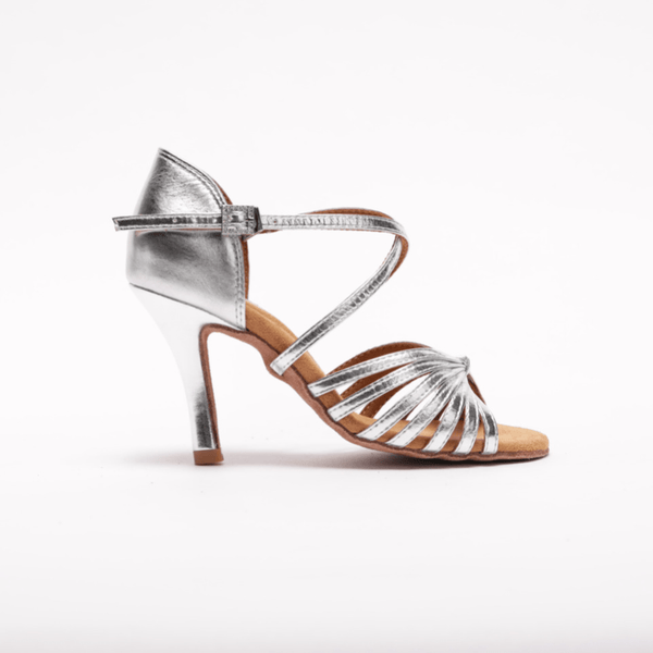 Ladies, 7 Strap, Fixed Knotted Vamp, 3.5 Inch Stiletto, In Metallic Silver Leather - (S121S) - Rockabilly Australia Pty Ltd
