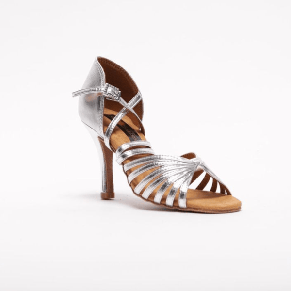 Ladies, 7 Strap, Fixed Knotted Vamp, 3.5 Inch Stiletto, In Metallic Silver Leather - (S121S) - Rockabilly Australia Pty Ltd