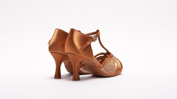 Ladies, Classic, 2.5 Inch, Open Toe, T - Bar Latin Shoe with Silver Rhinestones. (Available in Black and Tan Satin) - (S7380T) - Rockabilly Australia Pty Ltd