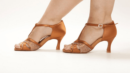 Ladies, Classic, 2.5 Inch, Open Toe, T - Bar Latin Shoe with Silver Rhinestones. (Available in Black and Tan Satin) - (S7380T) - Rockabilly Australia Pty Ltd