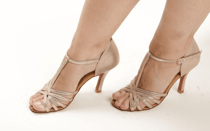 Ladies, Classic, 5 Strap, T - Bar, 3.5 Inch Stiletto, Latin Dance Shoe in Shimmer Gold - (S23SG) - Rockabilly Australia Pty Ltd