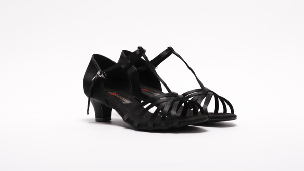 Ladies, Classic, 5 Strap Vamp, T - Bar, Open Toe Dance Shoe. (Available in Black and Silver Satin) - (S23B) - Rockabilly Australia Pty Ltd
