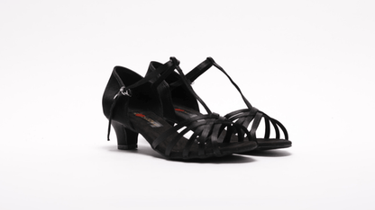 Ladies, Classic, 5 Strap Vamp, T - Bar, Open Toe Dance Shoe. (Available in Black and Silver Satin) - (S23B) - Rockabilly Australia Pty Ltd