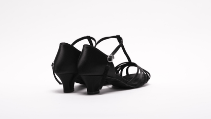 Ladies, Classic, 5 Strap Vamp, T - Bar, Open Toe Dance Shoe. (Available in Black and Silver Satin) - (S23B) - Rockabilly Australia Pty Ltd