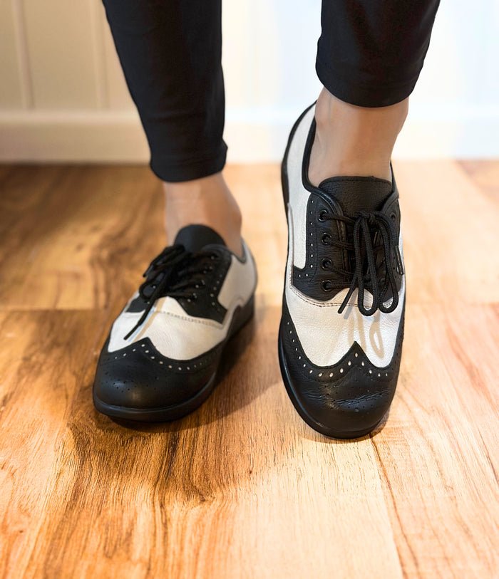 Ladies, Classic, Brogue, Wingtip, Black And White Leather, with Dual Pivot Point, Spin Spots and Ultra flexible Smooth Sole, Dance Shoe - (7821BW - 1) - Rockabilly Australia Pty Ltd