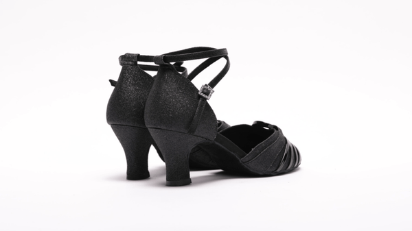 Ladies, Classic, Incased Peep Toe, Vamp with Swirl detail, 2.25 Inch, Spanish Heel, Wrap Ankle Strap, Dance Shoe in Ultra Fine Black Glitter Satin - (S7381B) - Rockabilly Australia Pty Ltd