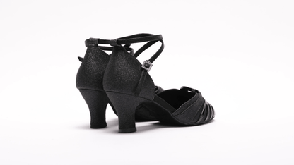 Ladies, Classic, Incased Peep Toe, Vamp with Swirl detail, 2.25 Inch, Spanish Heel, Wrap Ankle Strap, Dance Shoe in Ultra Fine Black Glitter Satin - (S7381B) - Rockabilly Australia Pty Ltd