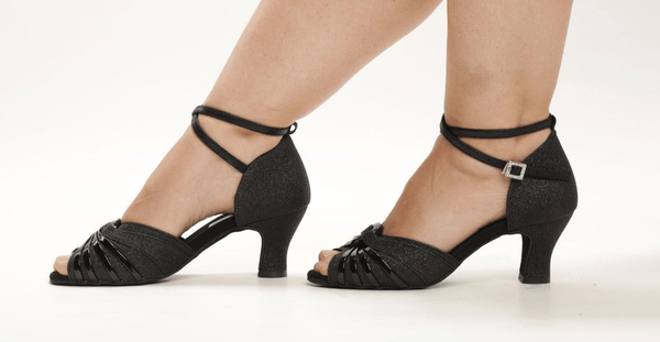 Ladies, Classic, Incased Peep Toe, Vamp with Swirl detail, 2.25 Inch, Spanish Heel, Wrap Ankle Strap, Dance Shoe in Ultra Fine Black Glitter Satin - (S7381B) - Rockabilly Australia Pty Ltd
