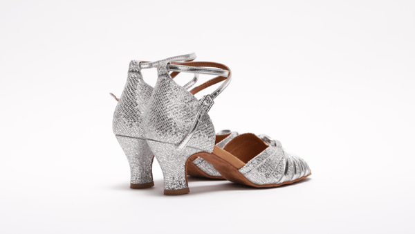 Ladies, Classic, Incased Peep Toe, Vamp with Swirl Detail, 2.25 Inch, Spanish Heel, Wrap Ankle Strap, Dance shoe In Ultra Fine Silver Glitter Satin with Silver Patent Swirl and Strap Detailing. - (S7381S) - Rockabilly Australia Pty Ltd
