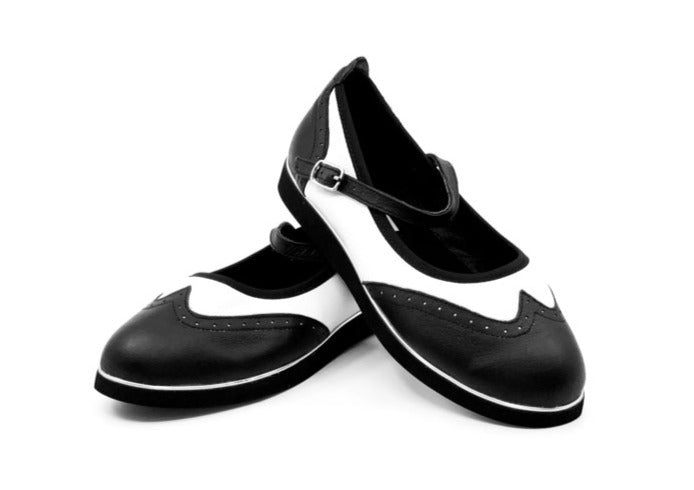 Ladies, Classic, Mary Jane, Wingtip, Black And White Leather Dance Shoe - (7820BW) - Rockabilly Australia Pty Ltd