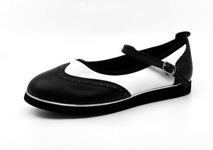 Ladies, Classic, Mary Jane, Wingtip, Black And White Leather Dance Shoe - (7820BW) - Rockabilly Australia Pty Ltd