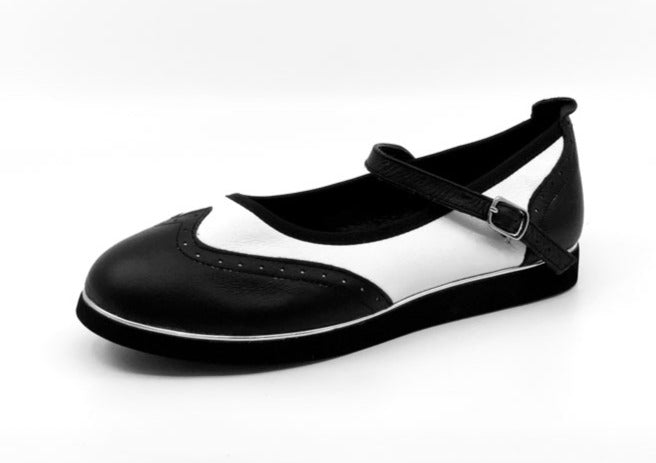 Ladies, Classic, Mary Jane, Wingtip, Black And White Leather Dance Shoe - (7820BW) - Rockabilly Australia Pty Ltd