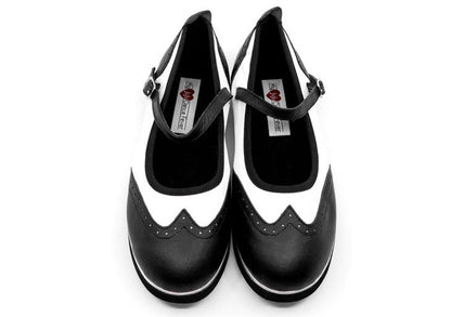 Ladies, Classic, Mary Jane, Wingtip, Black And White Leather Dance Shoe - (7820BW) - Rockabilly Australia Pty Ltd