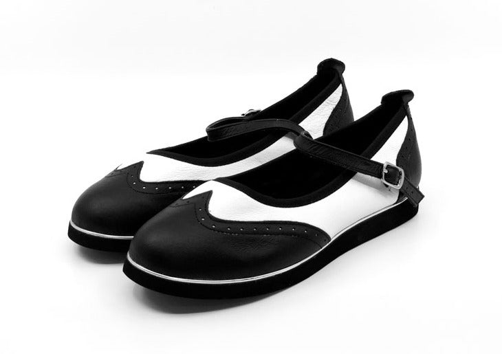 Ladies, Classic, Mary Jane, Wingtip, Black And White Leather Dance Shoe - (7820BW) - Rockabilly Australia Pty Ltd