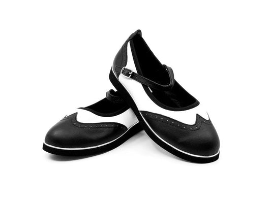 Ladies, Classic, Mary Jane, Wingtip, Black and White Leather Dance Shoe - Rockabilly Australia Pty Ltd